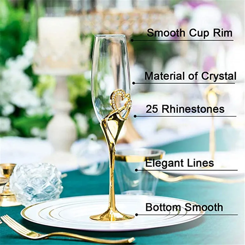 Сватбена Кристална Чаша за Шампанско от 2 теми, Комплект Чаши за Вино на Флейта, на Чаша за Вино за Сватбен Подарък, Чаши за Шампанско, Златни Чаши за Шампанско, 201-300 МЛ Изображение 2