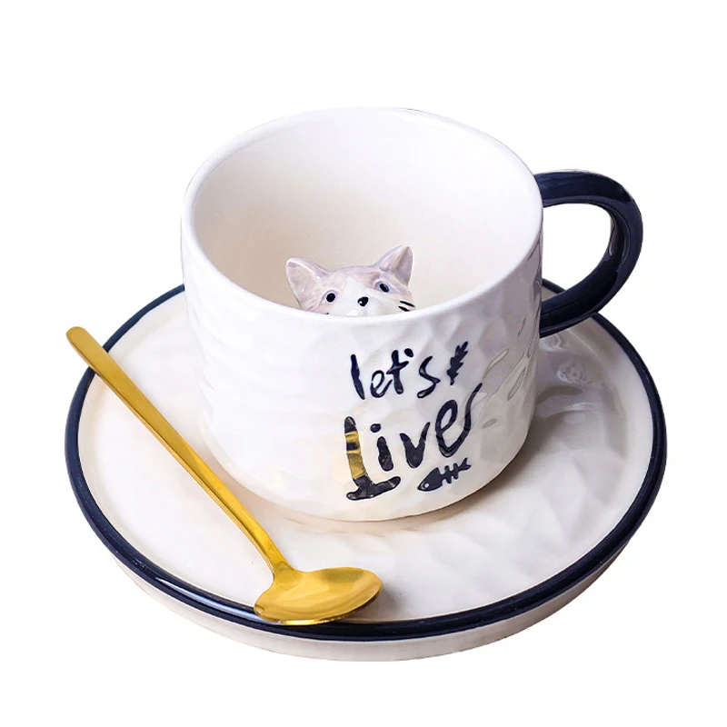280 мл сладък котка керамични чаши 3D creative кафеена чаша забавно чашата за кафе с блюдцем Корейски стил котка чаша за мляко Л. в пакет Изображение 0