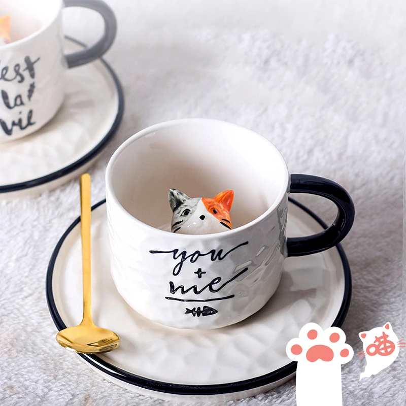 280 мл сладък котка керамични чаши 3D creative кафеена чаша забавно чашата за кафе с блюдцем Корейски стил котка чаша за мляко Л. в пакет Изображение 1