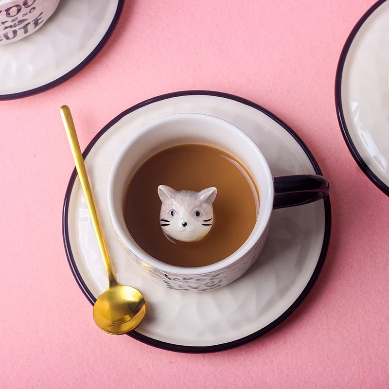 280 мл сладък котка керамични чаши 3D creative кафеена чаша забавно чашата за кафе с блюдцем Корейски стил котка чаша за мляко Л. в пакет Изображение 2
