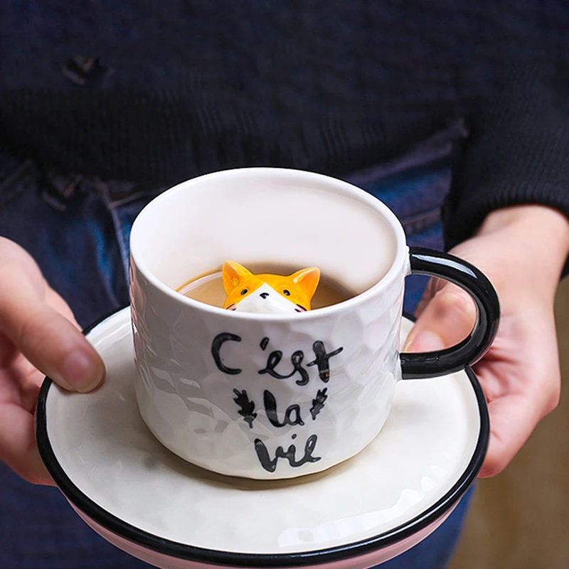 280 мл сладък котка керамични чаши 3D creative кафеена чаша забавно чашата за кафе с блюдцем Корейски стил котка чаша за мляко Л. в пакет Изображение 3