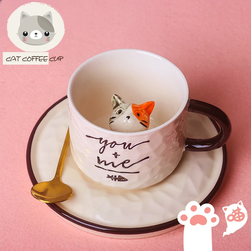 280 мл сладък котка керамични чаши 3D creative кафеена чаша забавно чашата за кафе с блюдцем Корейски стил котка чаша за мляко Л. в пакет Изображение 5