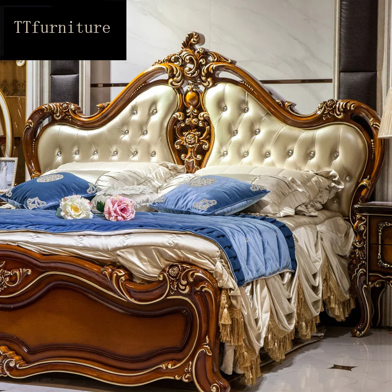 модерна европейска италианска легло от масивно дърво Модни Резбовани луксозна френска мебели за спалня king size jxj42 Изображение 0