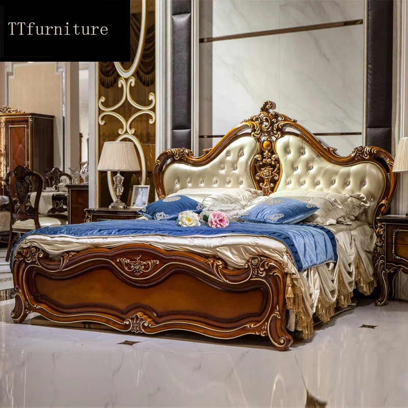 модерна европейска италианска легло от масивно дърво Модни Резбовани луксозна френска мебели за спалня king size jxj42 Изображение 1