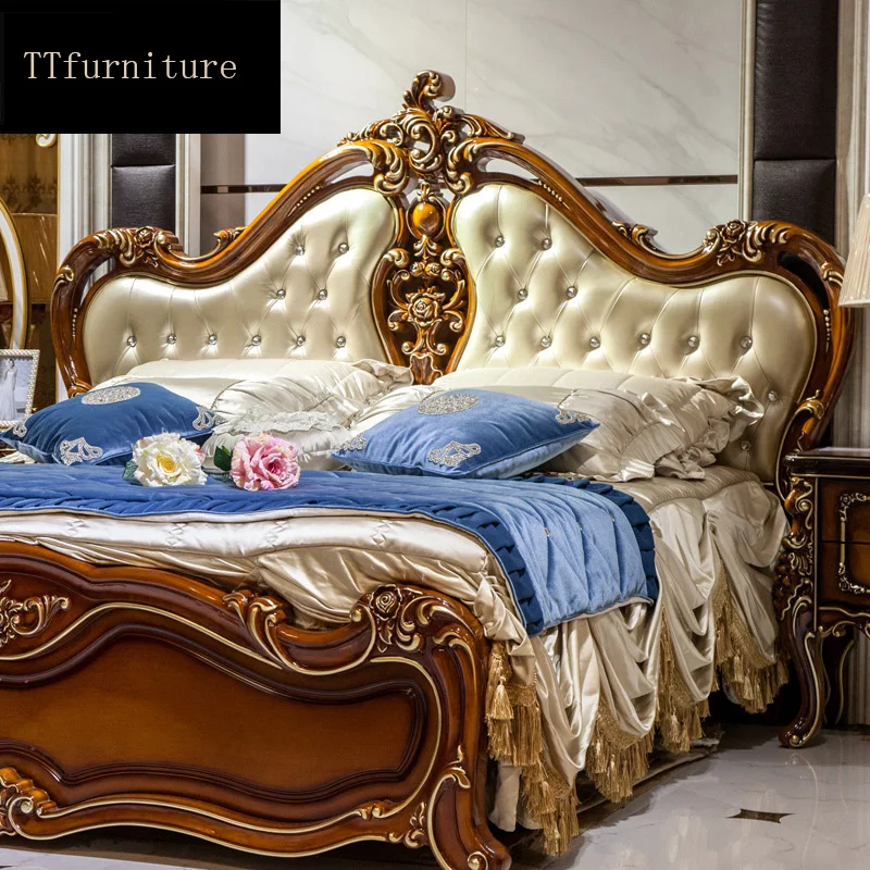 модерна европейска италианска легло от масивно дърво Модни Резбовани луксозна френска мебели за спалня king size jxj42 Изображение 2