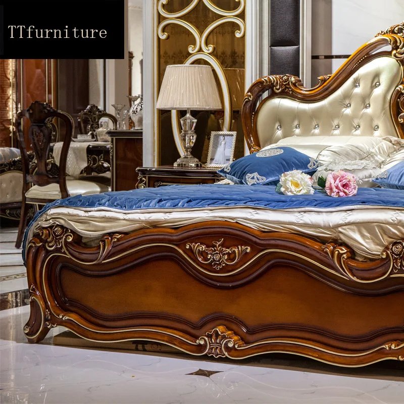 модерна европейска италианска легло от масивно дърво Модни Резбовани луксозна френска мебели за спалня king size jxj42 Изображение 3