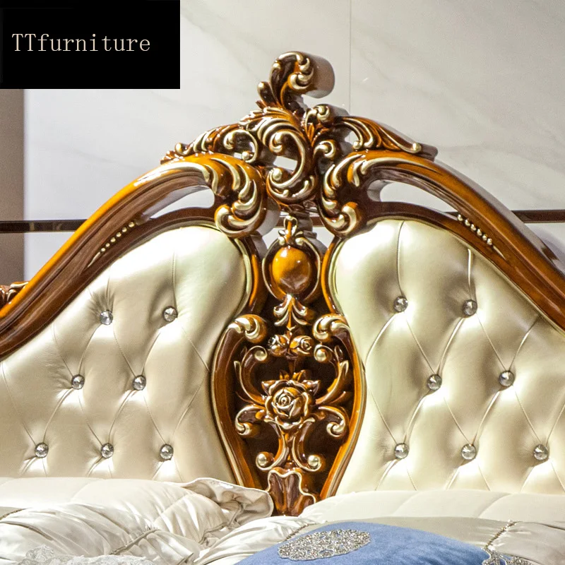 модерна европейска италианска легло от масивно дърво Модни Резбовани луксозна френска мебели за спалня king size jxj42 Изображение 4