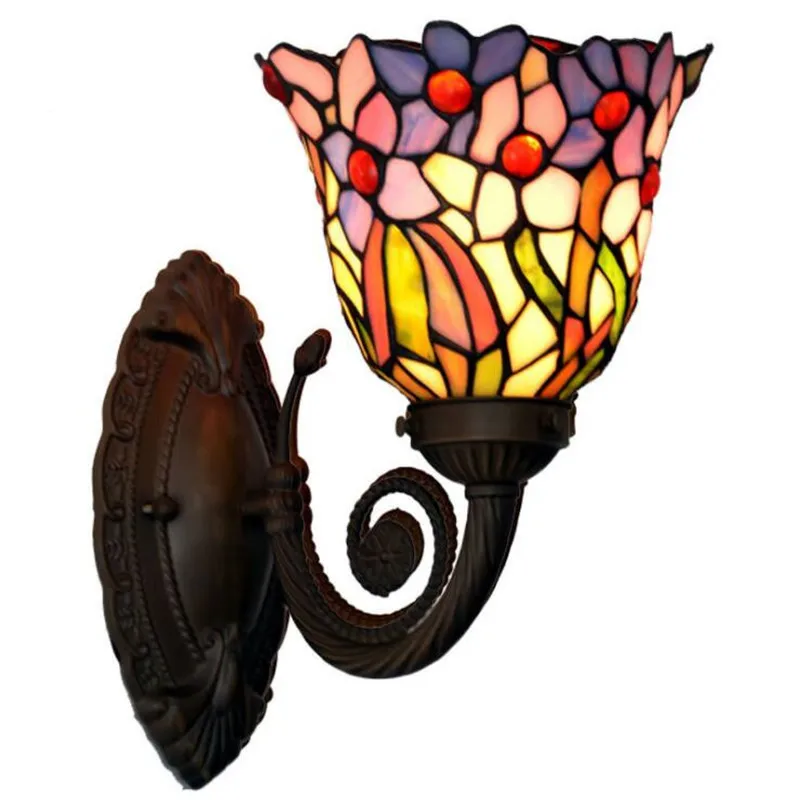 Ретро Стенен Лампа Tiffany от Цветно Стъкло С Цветя впечатлява със своя Бохемски Стил за Фоайе, Коридор, Огледала за Баня, монтиран на стената Лампа 1107 Изображение 0