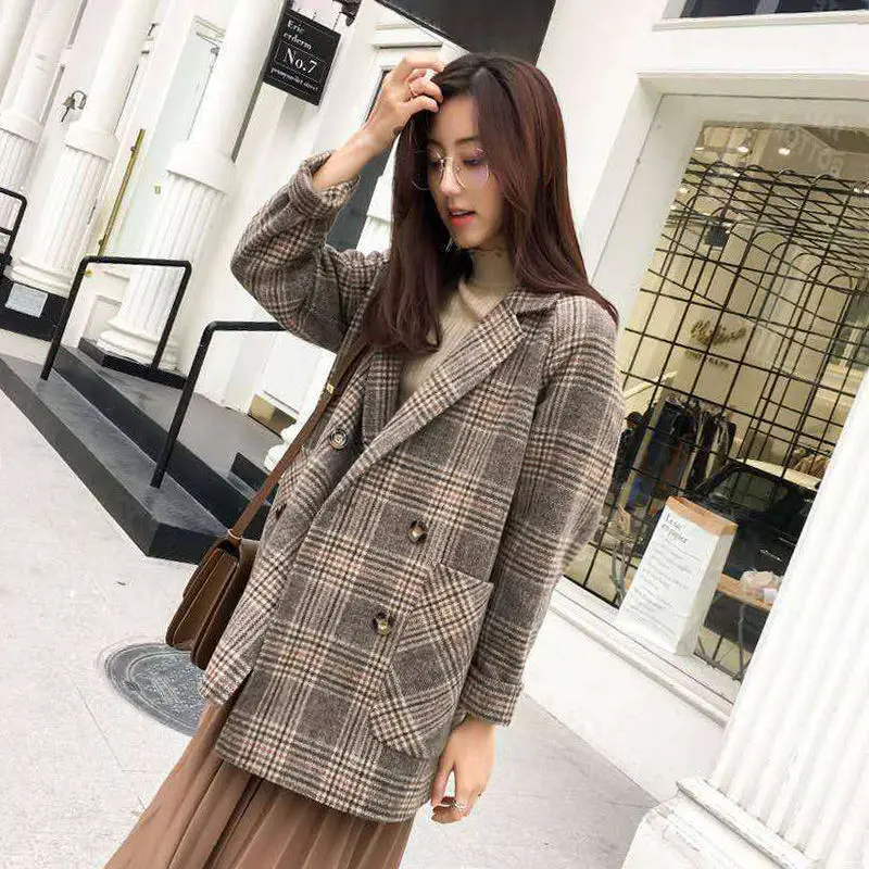 Вълна палто дамско есенно-зимния популярно ново корейското стилно свободно кратко вълнена малко клетчатое палто Изображение 0