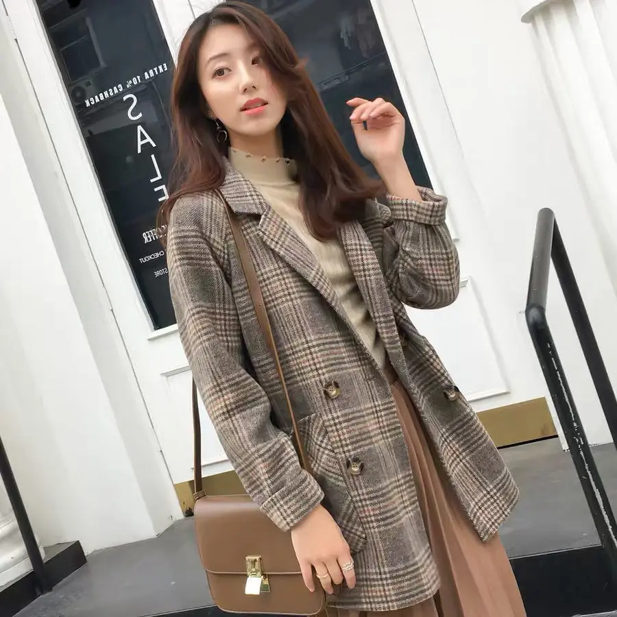Вълна палто дамско есенно-зимния популярно ново корейското стилно свободно кратко вълнена малко клетчатое палто Изображение 1