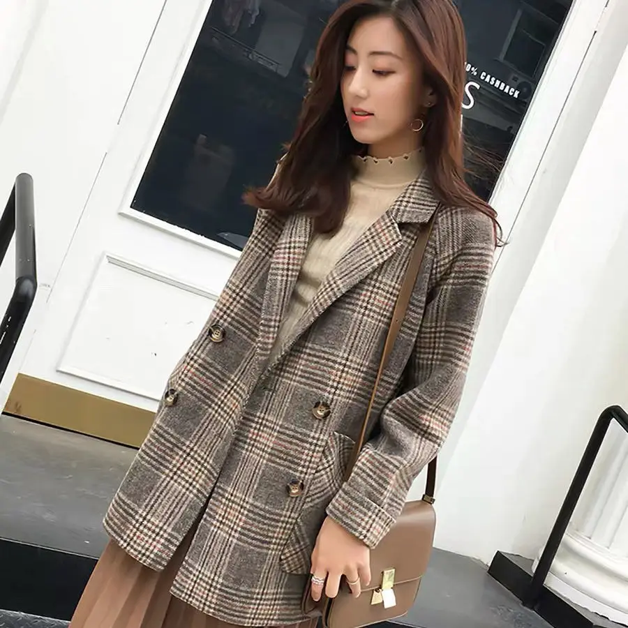 Вълна палто дамско есенно-зимния популярно ново корейското стилно свободно кратко вълнена малко клетчатое палто Изображение 2