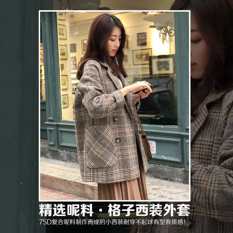 Вълна палто дамско есенно-зимния популярно ново корейското стилно свободно кратко вълнена малко клетчатое палто Изображение 3