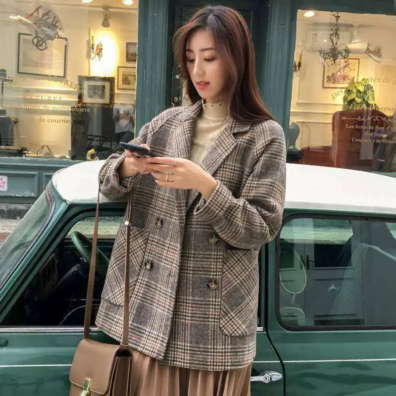 Вълна палто дамско есенно-зимния популярно ново корейското стилно свободно кратко вълнена малко клетчатое палто Изображение 4