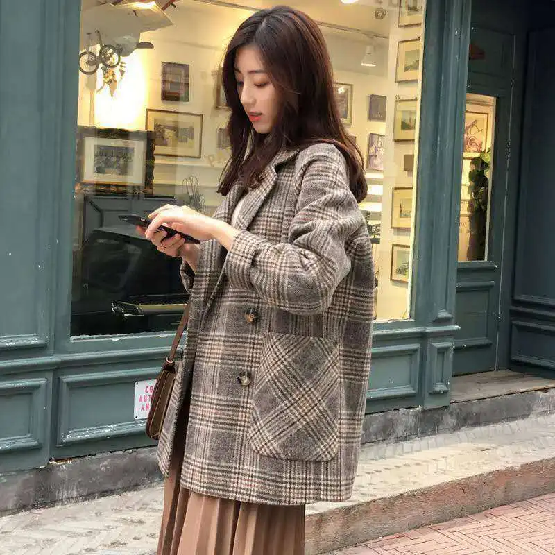 Вълна палто дамско есенно-зимния популярно ново корейското стилно свободно кратко вълнена малко клетчатое палто Изображение 5
