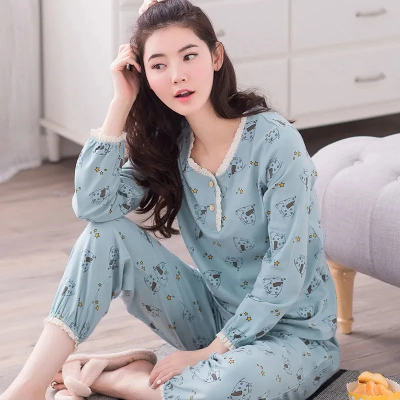 4911-36 Пролетно-есенен дамски пижами от чист памук, с дълги ръкави корея, мила и хубава зимна ежедневни памучен свободна домашно облекло Изображение 0
