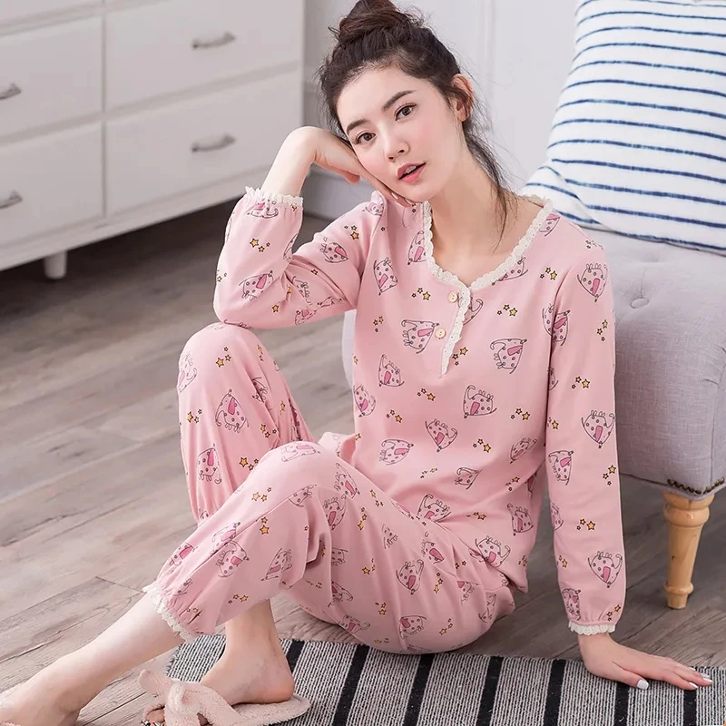 4911-36 Пролетно-есенен дамски пижами от чист памук, с дълги ръкави корея, мила и хубава зимна ежедневни памучен свободна домашно облекло Изображение 1