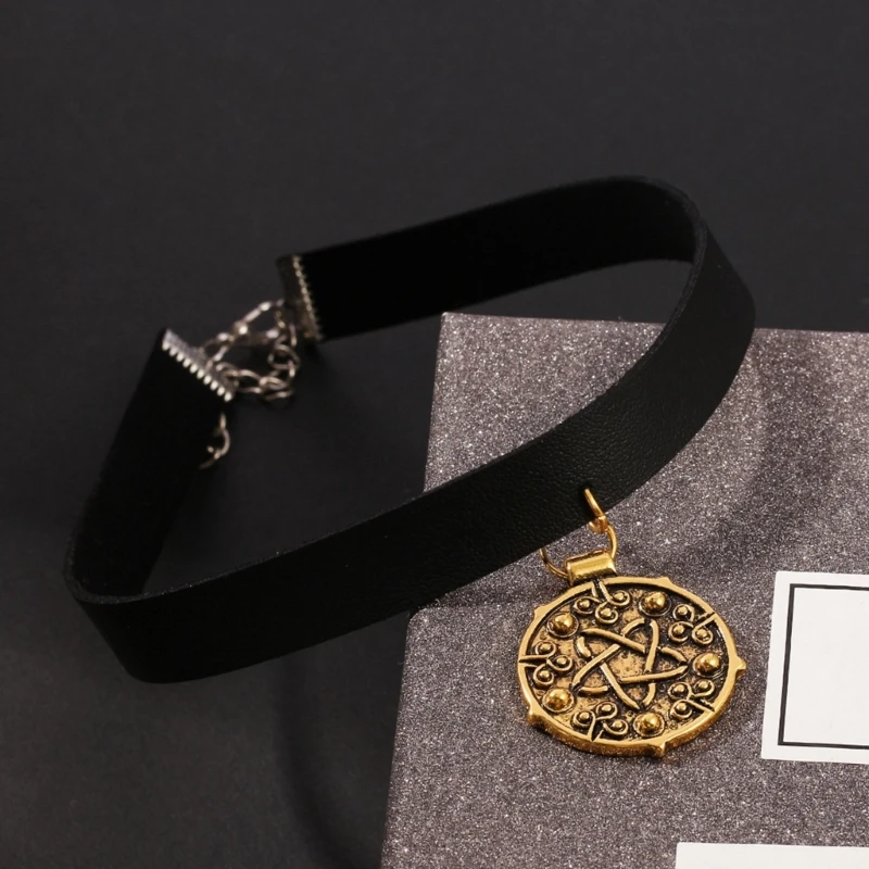 Готически Медальон Висулка Колие Пънк Черни Кожени Колиета Колиета, Дамски Бижута Регулируема Яка Колие Подарък Изображение 1