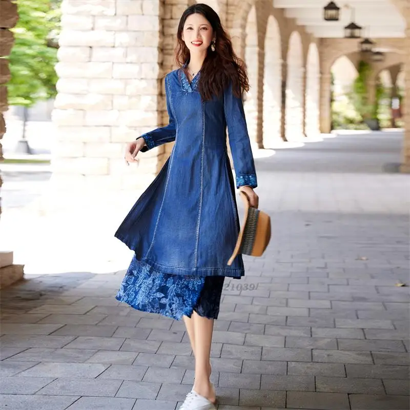 2022 китайски традиционен народен костюм ханьфу национално джинсовое рокля с бродерия на цветя в елегантна източното мозайка рокля градинска облекло Изображение 1