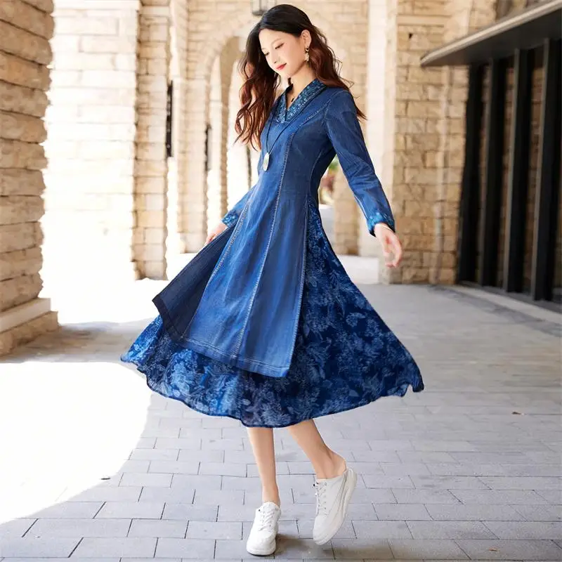 2022 китайски традиционен народен костюм ханьфу национално джинсовое рокля с бродерия на цветя в елегантна източното мозайка рокля градинска облекло Изображение 2