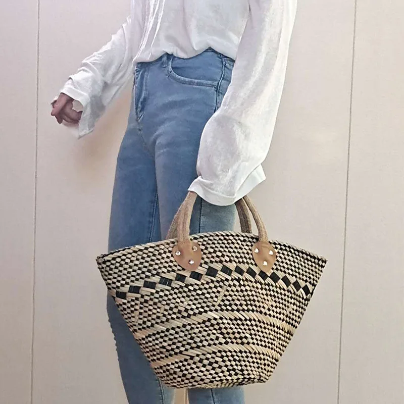 Кос тъкани сламена чанта ретро-ръчно изработени водна трева, слама ръчна чанта кошница сламена кошница пазарска чанта Изображение 0