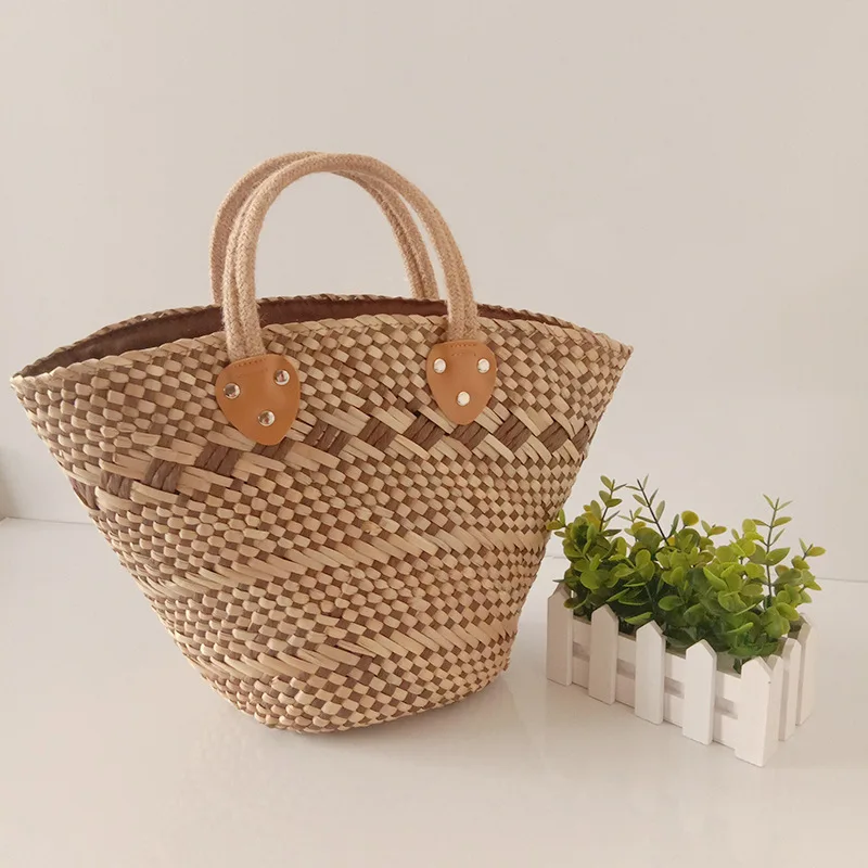 Кос тъкани сламена чанта ретро-ръчно изработени водна трева, слама ръчна чанта кошница сламена кошница пазарска чанта Изображение 3