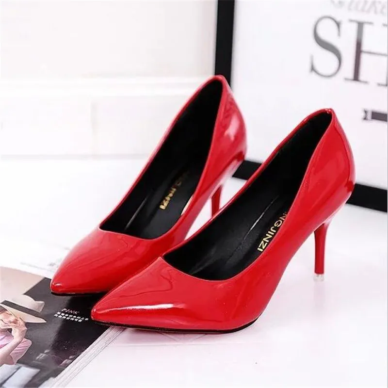 Гореща Дамски обувки Обувки-лодка с остри пръсти, рокля от лачена Кожа, червени Обувки-лодка на висок ток 8 см, Сватбени обувки със сенки, Zapatos Mujer 34-42 Изображение 0