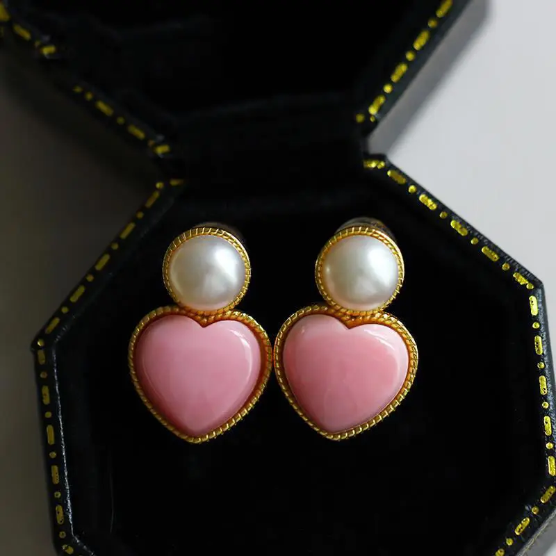 Вдъхновен дизайн, древното златно умения, розови обеци с перли във формата на сърце, изискан темперамент, дамски бижута Изображение 0