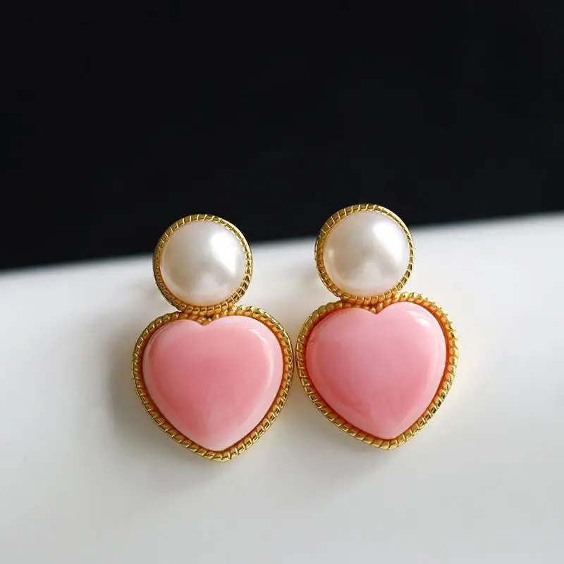 Вдъхновен дизайн, древното златно умения, розови обеци с перли във формата на сърце, изискан темперамент, дамски бижута Изображение 1