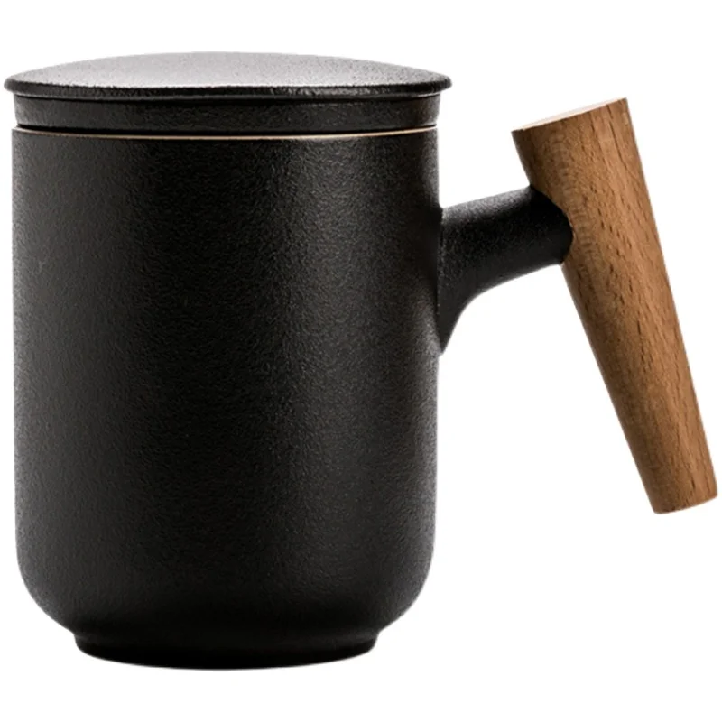 Креативна ретро керамични чаена чаша с дървена дръжка с цедка и капак за офис Изображение 0