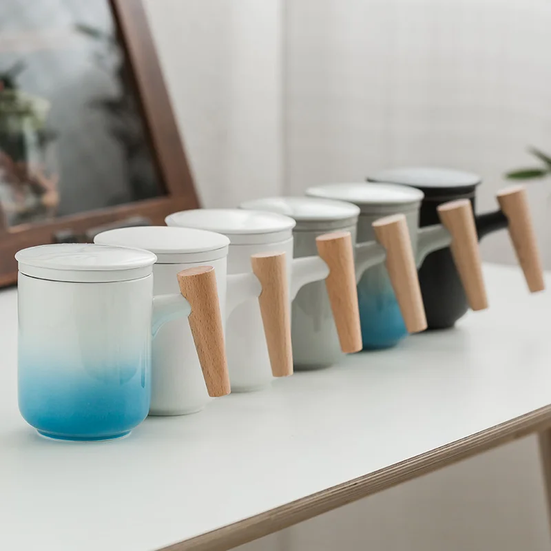 Креативна ретро керамични чаена чаша с дървена дръжка с цедка и капак за офис Изображение 1