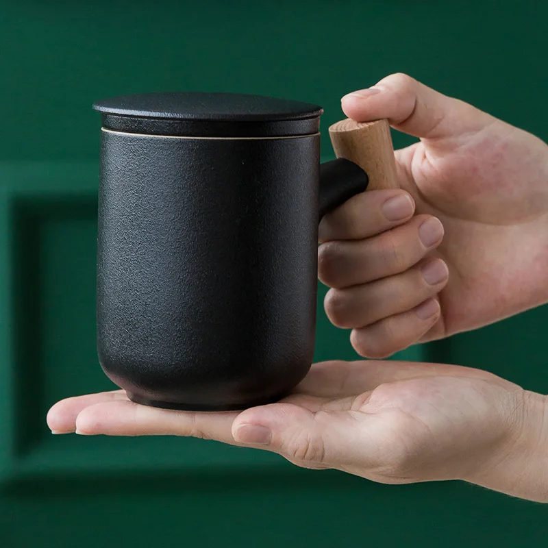 Креативна ретро керамични чаена чаша с дървена дръжка с цедка и капак за офис Изображение 3