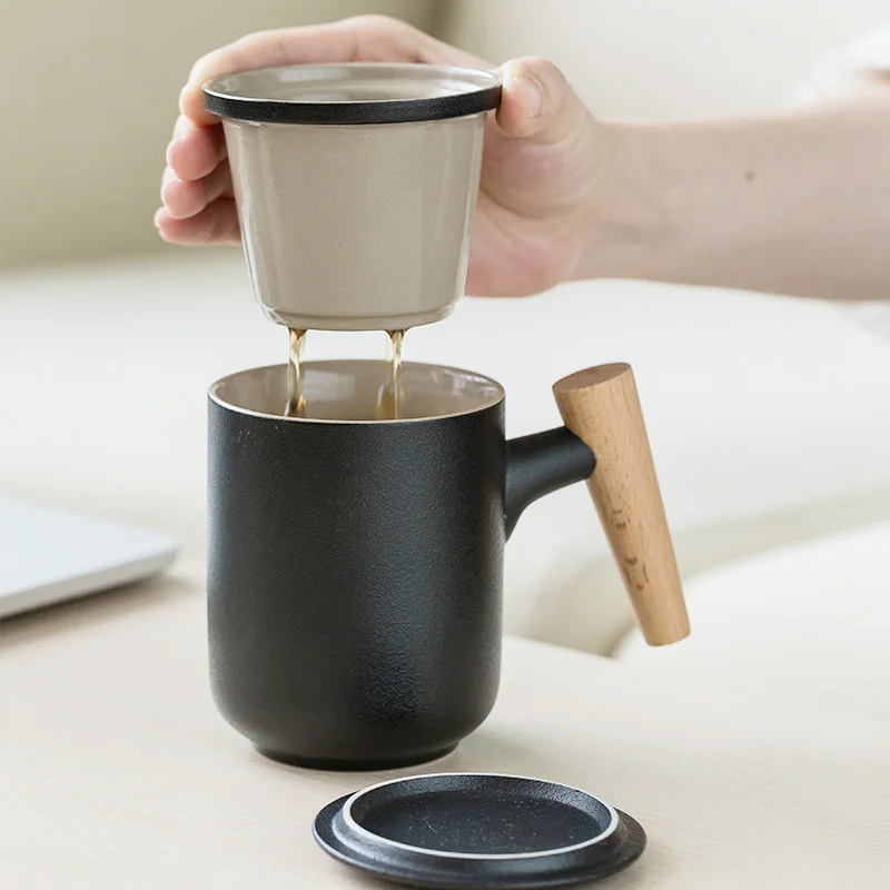 Креативна ретро керамични чаена чаша с дървена дръжка с цедка и капак за офис Изображение 4