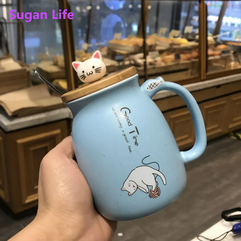 Креативен цветен котка термостойкая чаша карикатура с капак 450 мл чаша коте кафе керамични чаши детска чаша офис на Съдове за Напитки подарък Изображение 0
