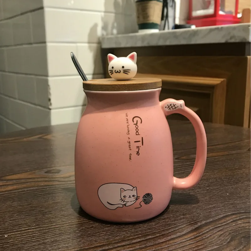 Креативен цветен котка термостойкая чаша карикатура с капак 450 мл чаша коте кафе керамични чаши детска чаша офис на Съдове за Напитки подарък Изображение 2