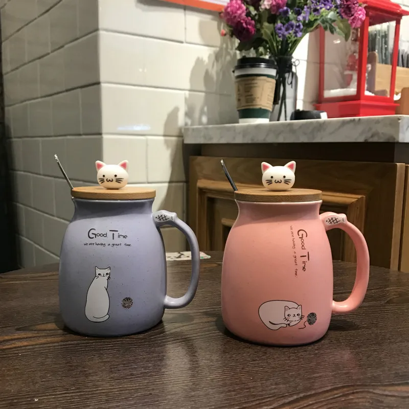 Креативен цветен котка термостойкая чаша карикатура с капак 450 мл чаша коте кафе керамични чаши детска чаша офис на Съдове за Напитки подарък Изображение 4
