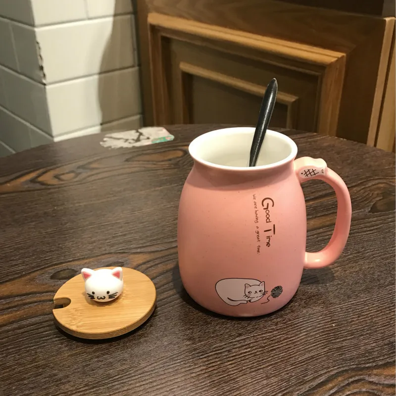 Креативен цветен котка термостойкая чаша карикатура с капак 450 мл чаша коте кафе керамични чаши детска чаша офис на Съдове за Напитки подарък Изображение 5