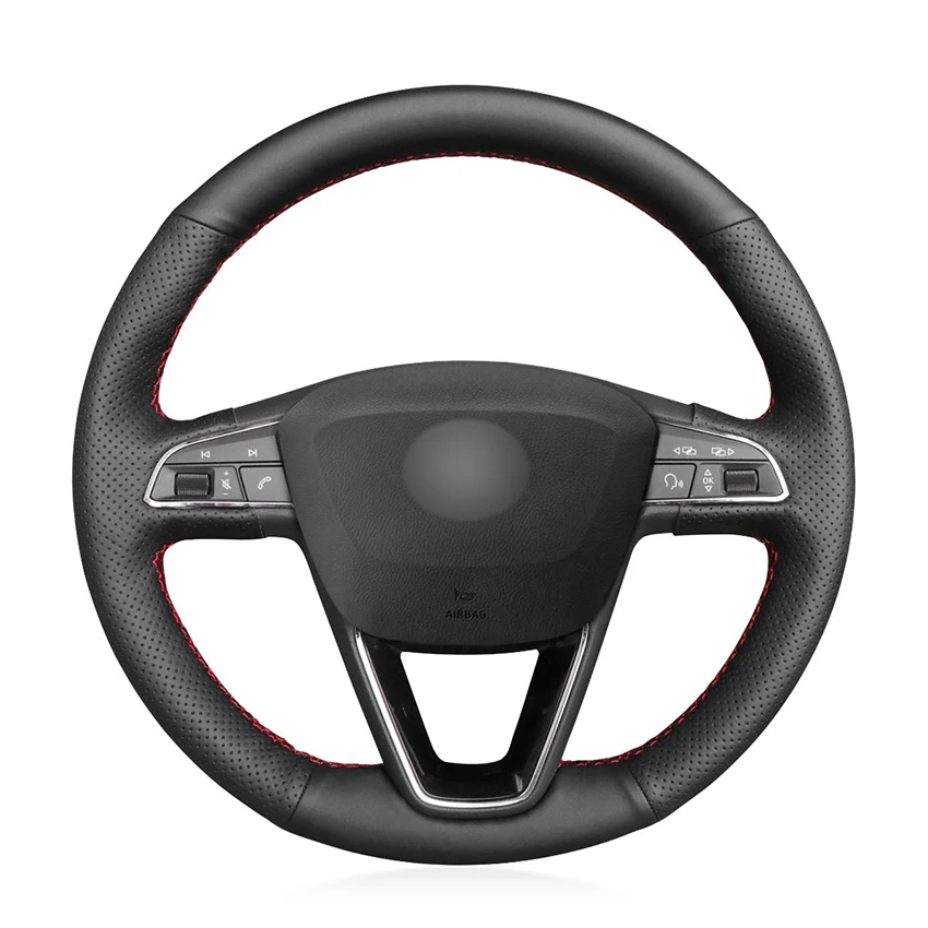 Изработена ръчно черен Калъф за Волана на колата от естествена кожа за Seat Leon (5Е) 2013-2020 / Toledo 2014-2015 /Arona 2017-2021 Изображение 0