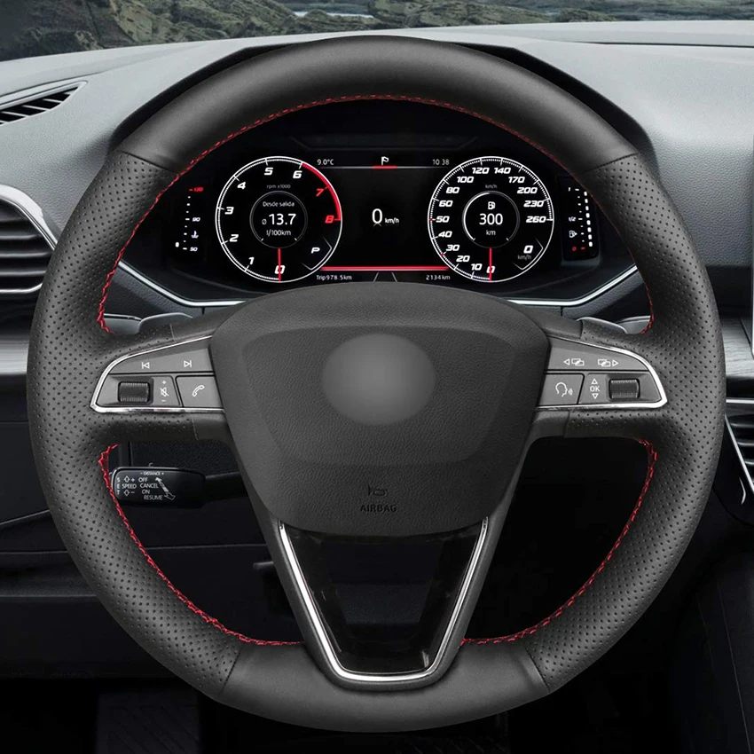 Изработена ръчно черен Калъф за Волана на колата от естествена кожа за Seat Leon (5Е) 2013-2020 / Toledo 2014-2015 /Arona 2017-2021 Изображение 1