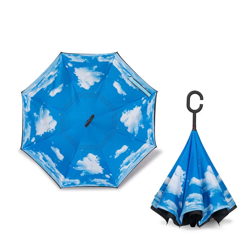 pieghevole lungo gambo doppio strato ombrello invertito antivento inverso c-hook maschio golf ombrello ombrelli inversi per auto Изображение 5