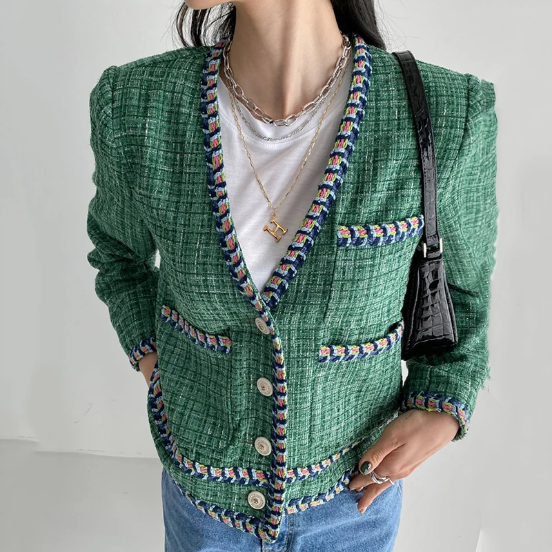 Новата Модерна френска блуза в стил ретро в Южна Корея, дамски Однобортная Свободна Къс яке от Твида с V-образно деколте и Тканым кант KK824 Изображение 0