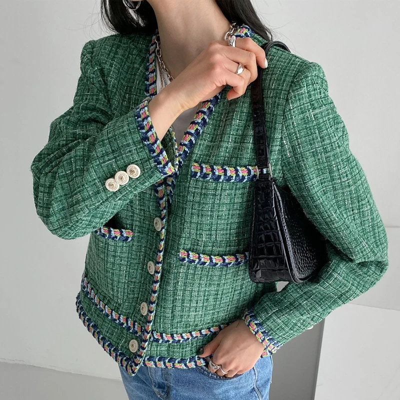 Новата Модерна френска блуза в стил ретро в Южна Корея, дамски Однобортная Свободна Къс яке от Твида с V-образно деколте и Тканым кант KK824 Изображение 1