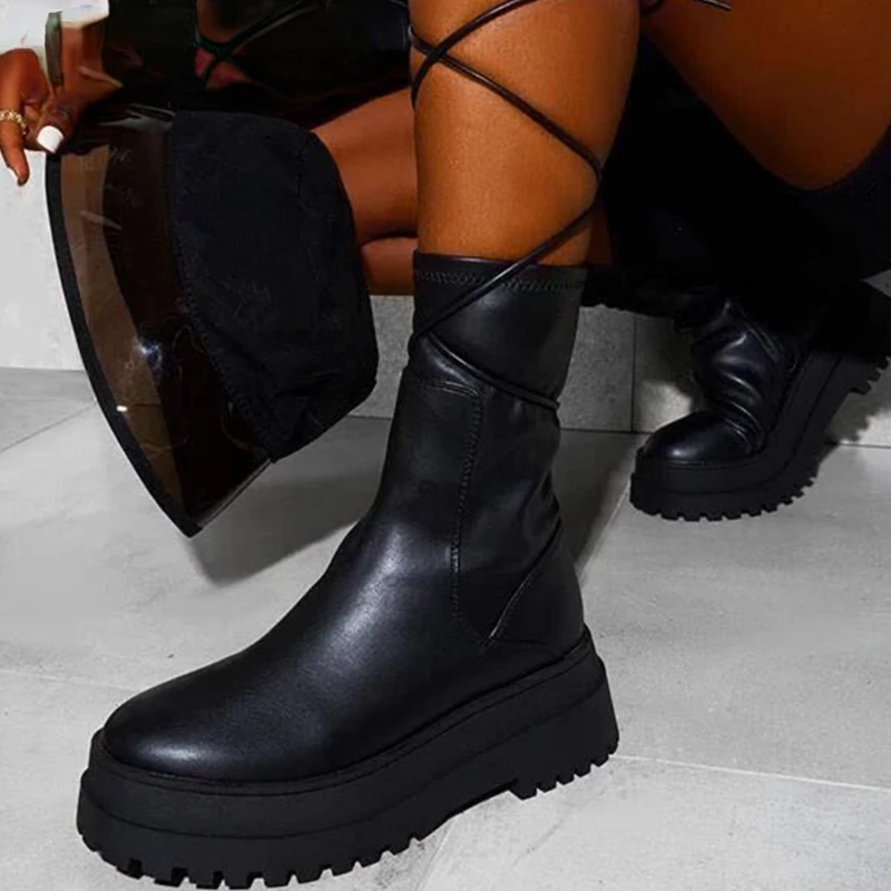 Нов дизайн, дамски обувки размер плюс, 43, женски ботильоны на дебела подметка, модни армейските обувки в стил пънк, женски стръмни обувки дантела, женски Изображение 0
