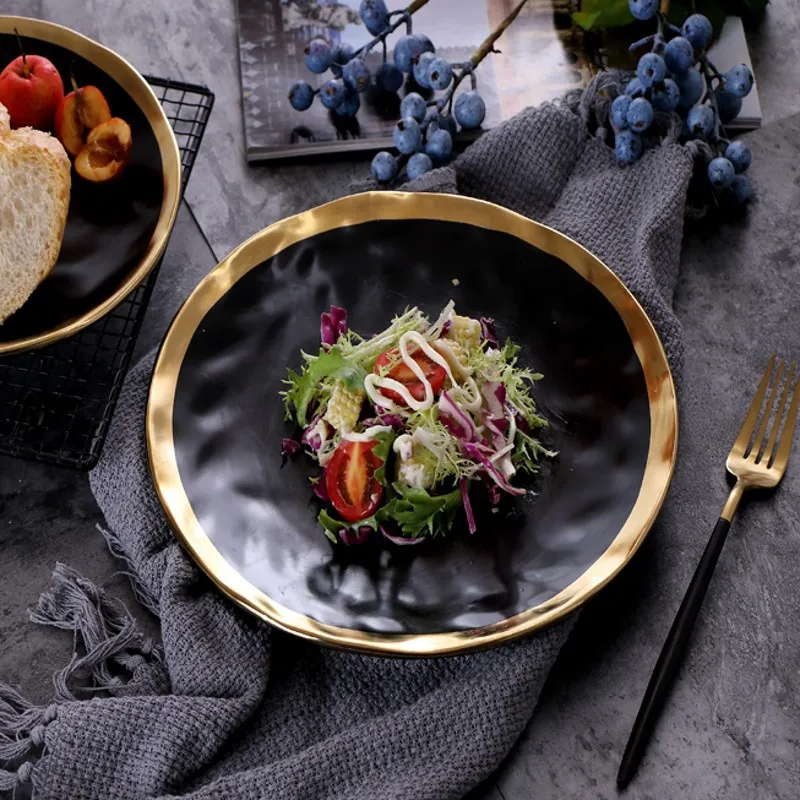 Скандинавска позлатен западна чиния пържола креативна чиния за прибори и домакински керамична чиния за салата, посуда кръгла плодови чиния Изображение 0