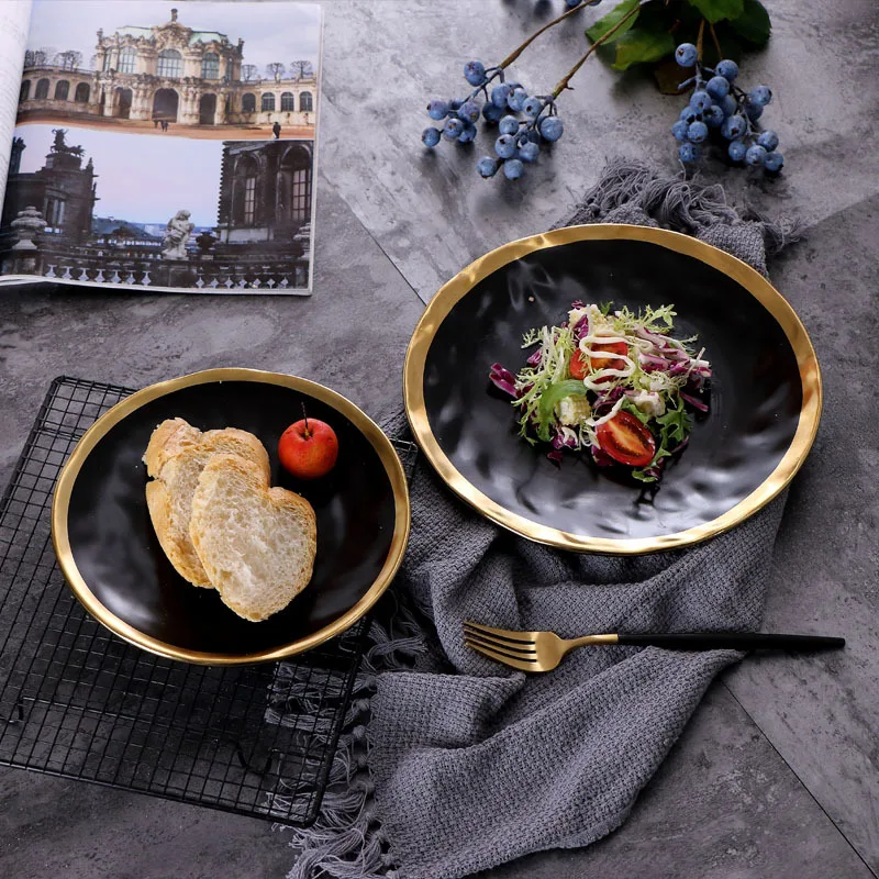 Скандинавска позлатен западна чиния пържола креативна чиния за прибори и домакински керамична чиния за салата, посуда кръгла плодови чиния Изображение 1