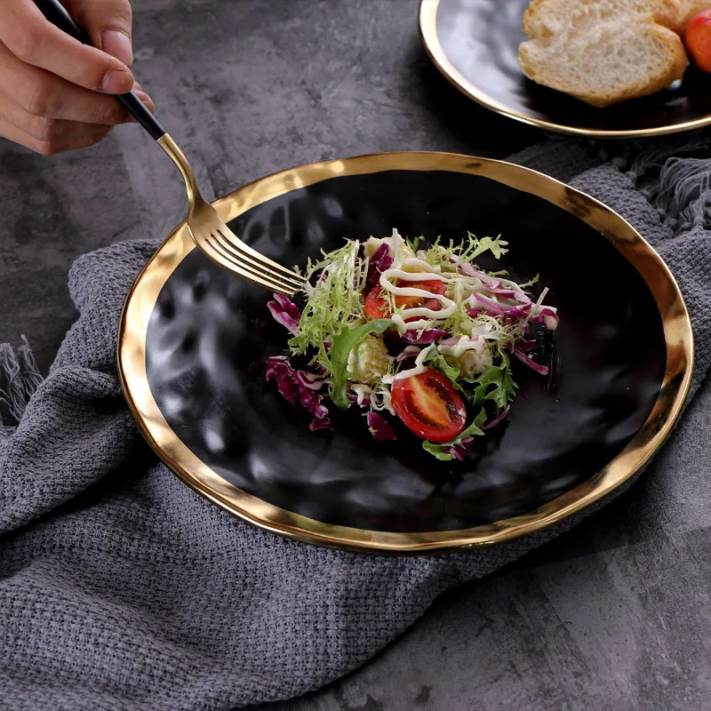 Скандинавска позлатен западна чиния пържола креативна чиния за прибори и домакински керамична чиния за салата, посуда кръгла плодови чиния Изображение 3