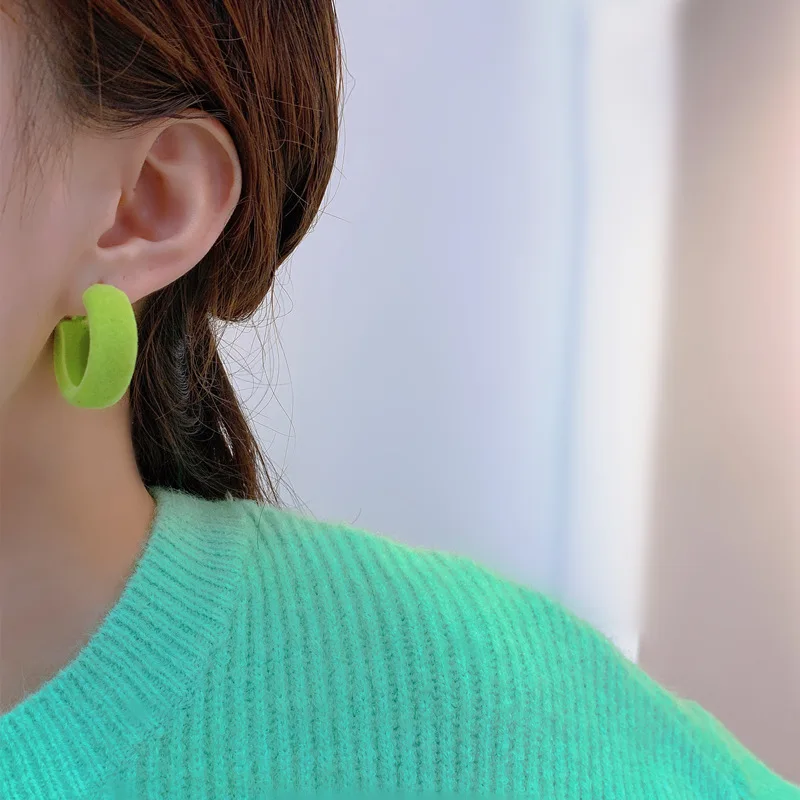 Корейски Модни Флокированные Зелени Обеци-Карамфил Геометрична С-образна Форма, Модерен Дизайн, Универсални Обеци, Зимни Бижута, Подарък за Жени Изображение 0