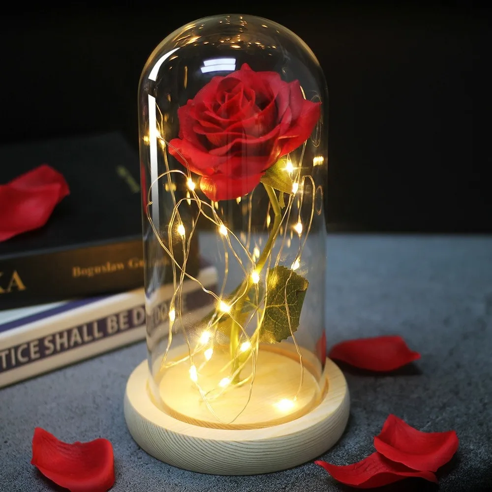 Изкуствена Вечната Роза Led Красавицата и Звяра със Стъклен Капак Коледна Украса за Дома Подарък за Деня на Майката, Деня на Свети Валентин, Нова Година Изображение 0