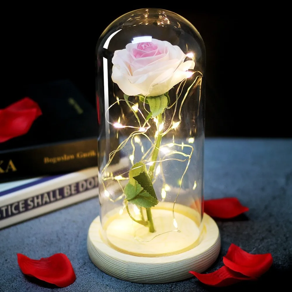 Изкуствена Вечната Роза Led Красавицата и Звяра със Стъклен Капак Коледна Украса за Дома Подарък за Деня на Майката, Деня на Свети Валентин, Нова Година Изображение 3