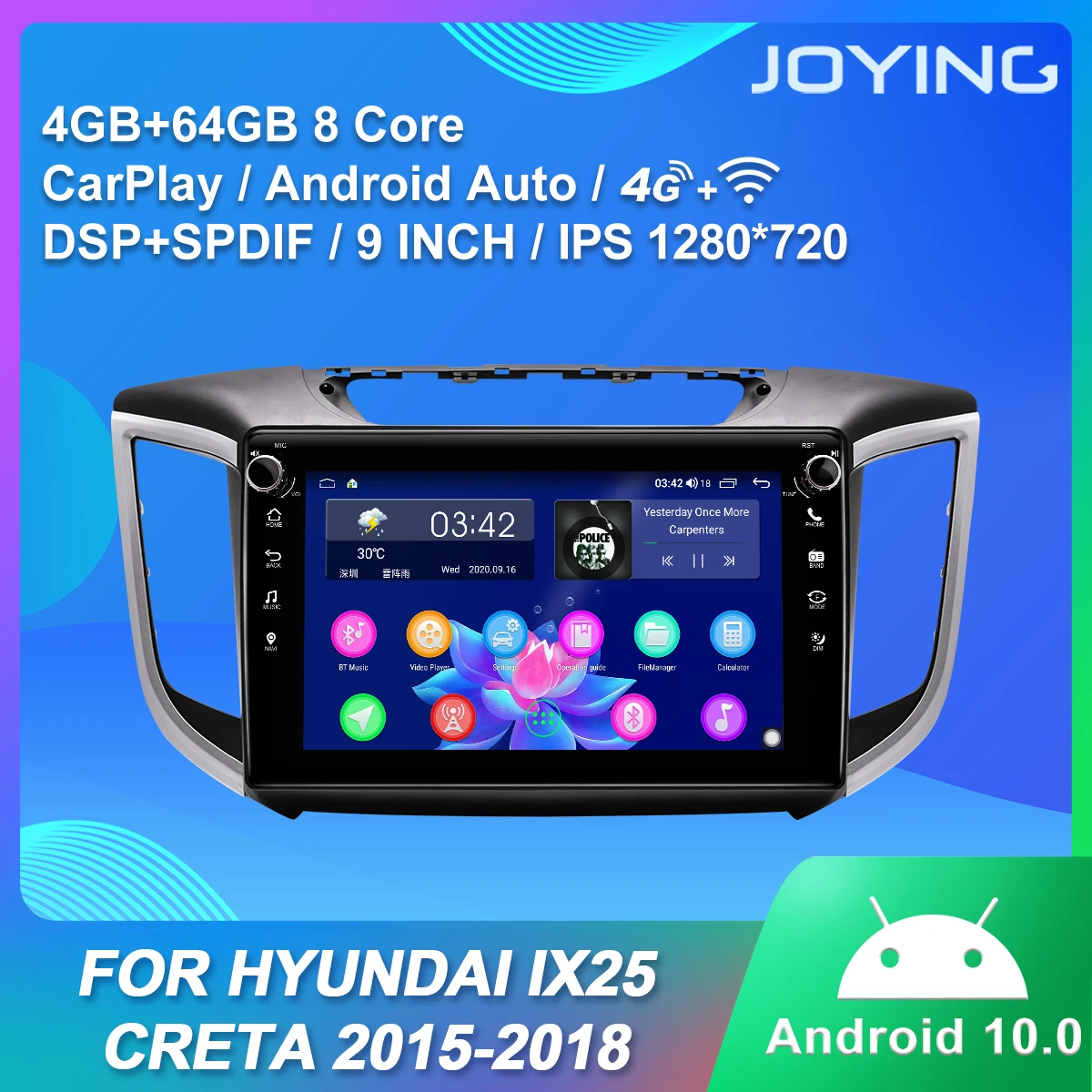 Android 10,0 главното устройство GPS Навигация, 4 GB RAM + 64 GB ROM авто радио за Hyundai IX25 Creta 2015-2018 без DVD-плейър Поддръжка на RDS 4G Изображение 0