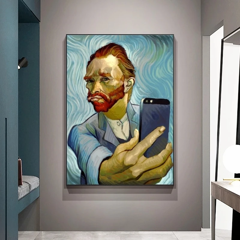 Забавно Изкуството на Ван Гог Селфи По Телефона Платно 5D САМ Налитый Лепило Диамантена Живопис Комплекти Назъбен Край Абстрактен Портрет на Ван Гог Изображение 0